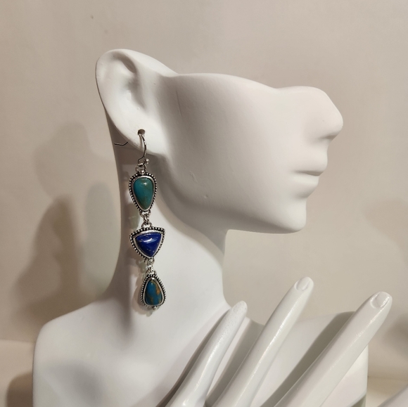 Silver Plated With Lapis Lazuli & Turquoise Dangle Earrings - Picture 3 of 11